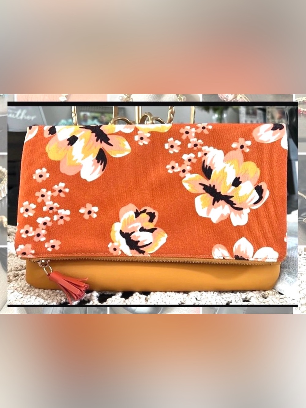 Rachel Pally Orange Floral Foldover Clutch with Mustard Base